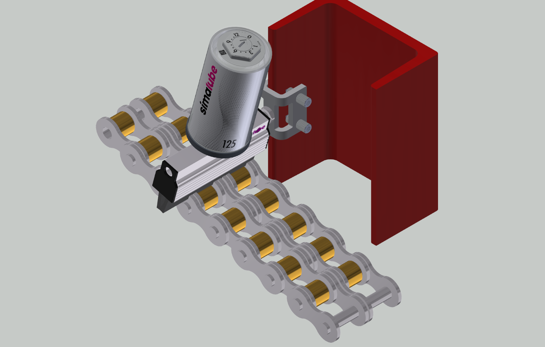 Model view: the simalube lubricator incl. brush simultaneously lubricates and cleans the drive chain of an escalator automatically and constantly for up to one year.
