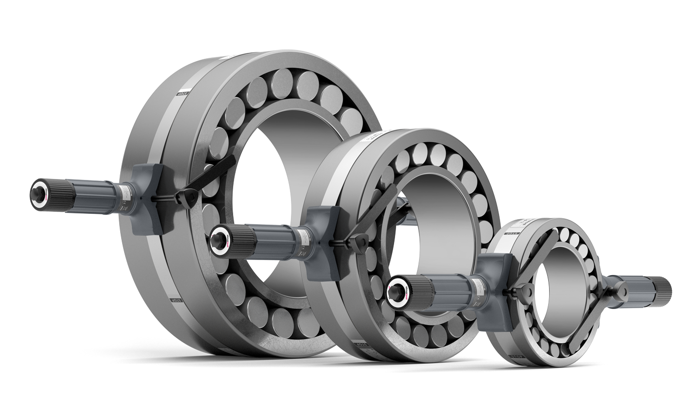 Overview of all three Bearing Handling Tool variants. Bearing Handling Tool BHT 200-400 with small spherical roller bearing. Bearing Handling Tool BHT 300-500 with medium spherical roller bearing. Bearing Handling Tool BHT 500-700 with large spherical roller bearing.