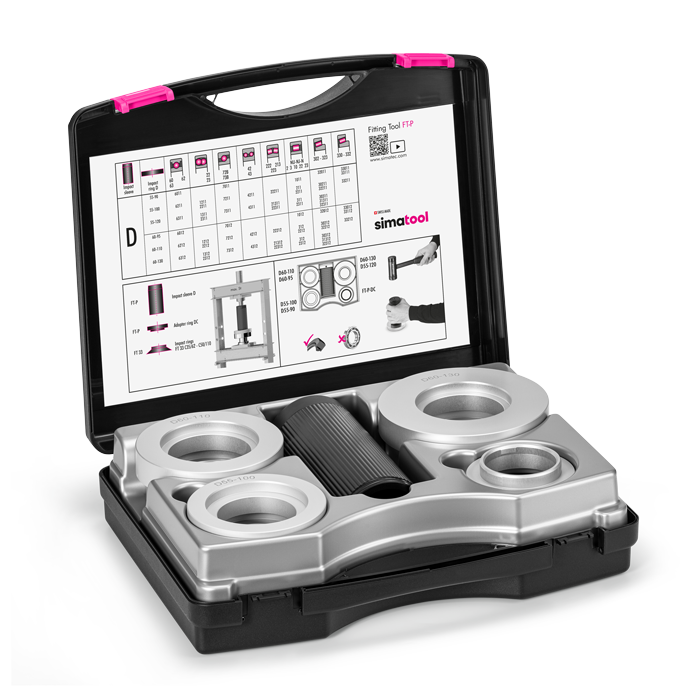 simatool Fitting Tool FT-P Case open. The practical user guide including bearing selection table is glued to the inside of the case. The rolling bearing fitting tool set contains 1 tube, 6 rings and 1 adapter ring.