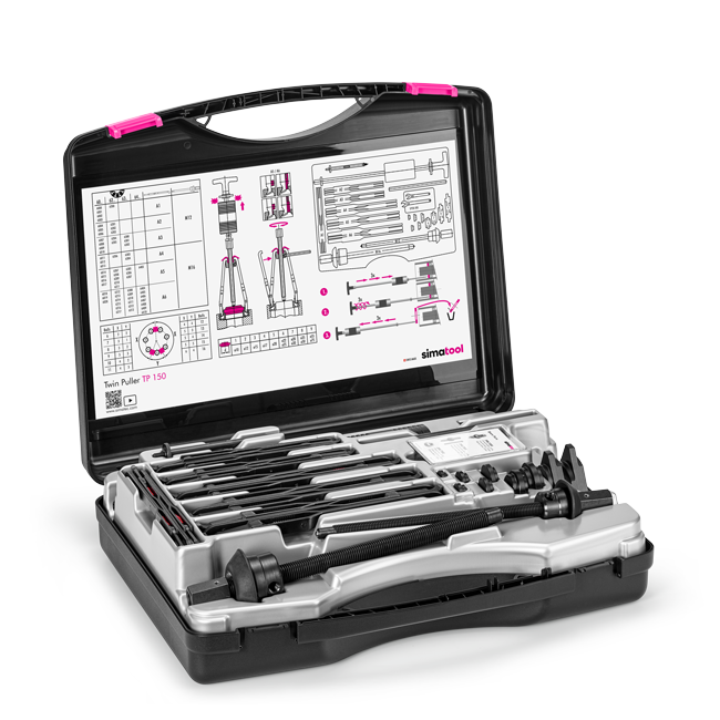 simatool Twin Puller TP 150 Case open. The practical user guide including a bearing selection table is glued to the inside of the case. 