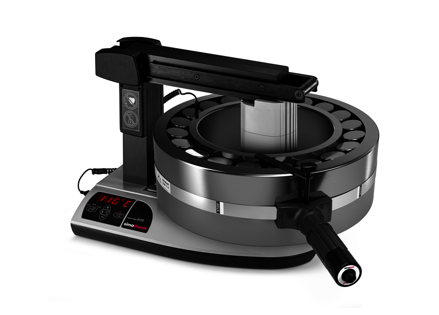 A large spherical roller bearing is heated to a target temperature of 110 °C on the simatherm induction heating unit IH 210. The Bearning Handling Tool 500-700 encloses the outer ring of the bearing for fast and safe mounting.